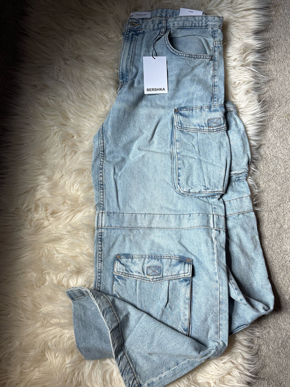 NWT Bershka Light Blue Wash Denim Cargo Jeans